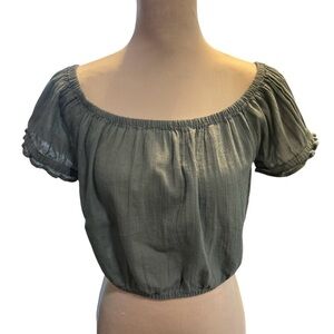 Aerie Crop Top Off The Shoulder or Round Neck Large Green Elastic Hem & Sleeves.